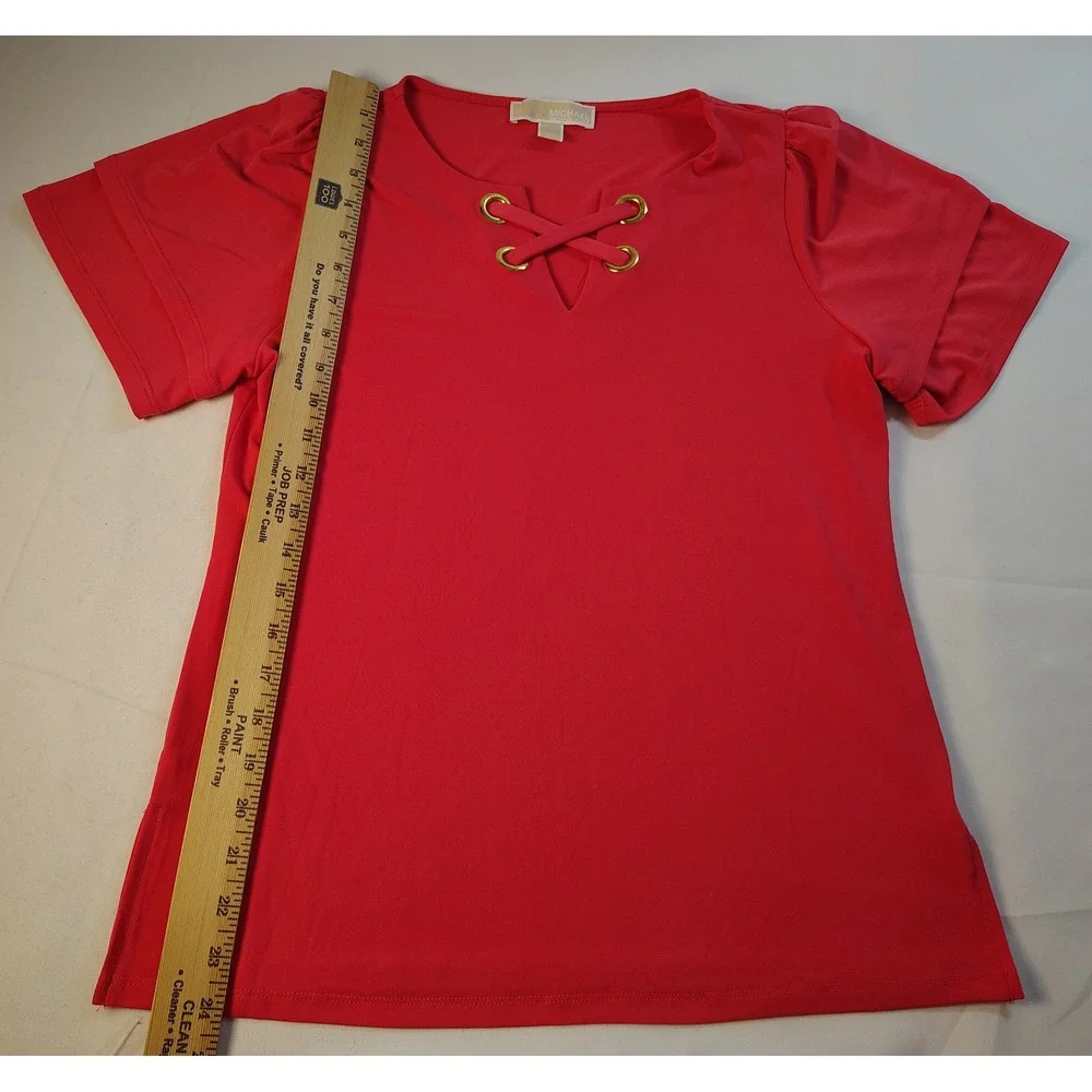 MICHAEL KORS Coral Red Grommet Lace Up V-Neck Short Sleeve Puff Top Boho Chic S